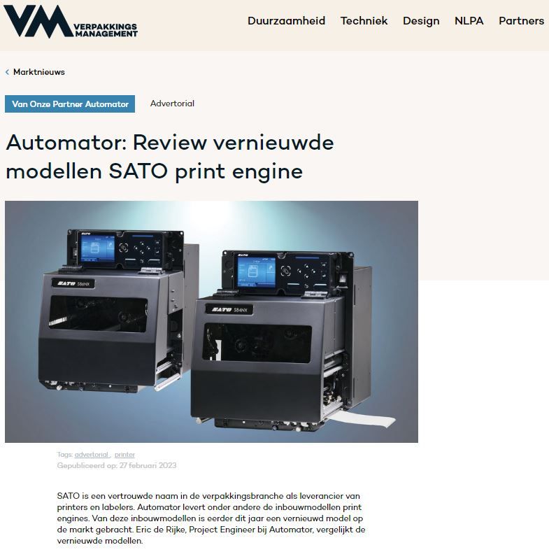Screenshot artikel review SATO print engines site verpakkingsmanagement